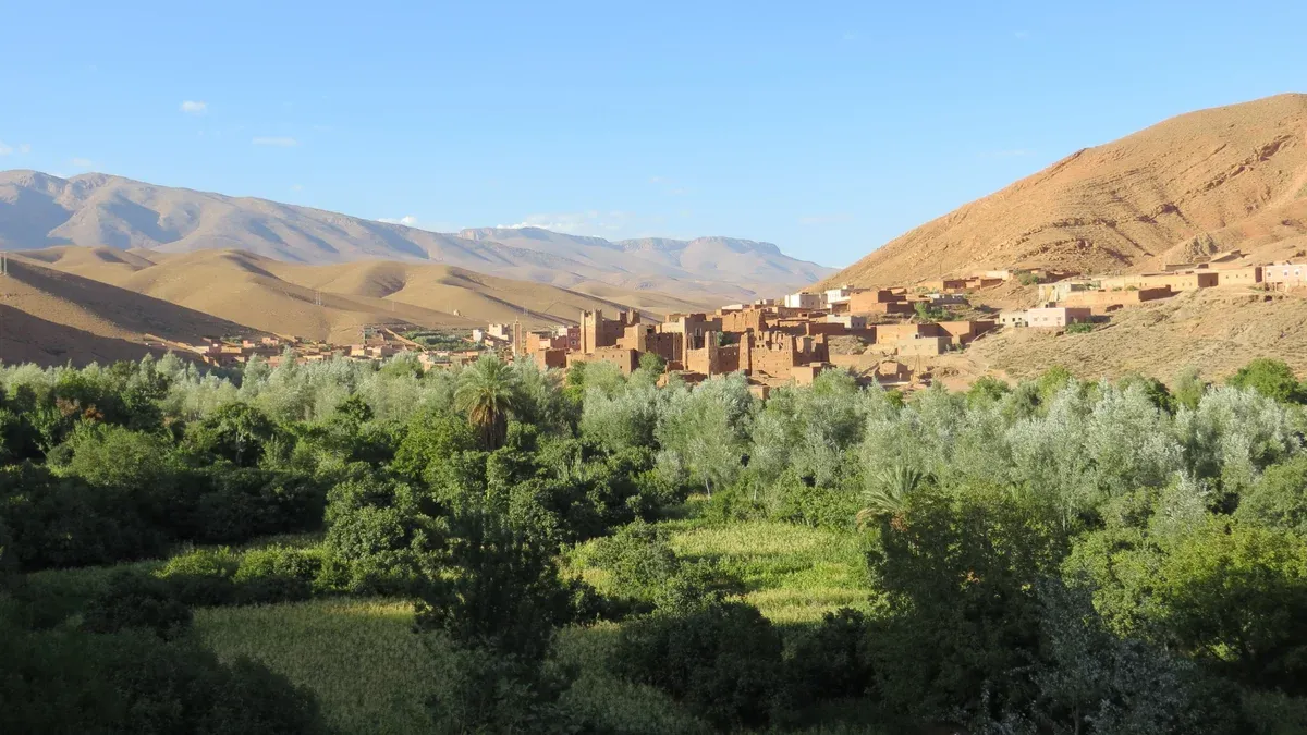 A village and green palm gardens in the Dades Valley on a Morocco tour package, Dades Valley, Morocco