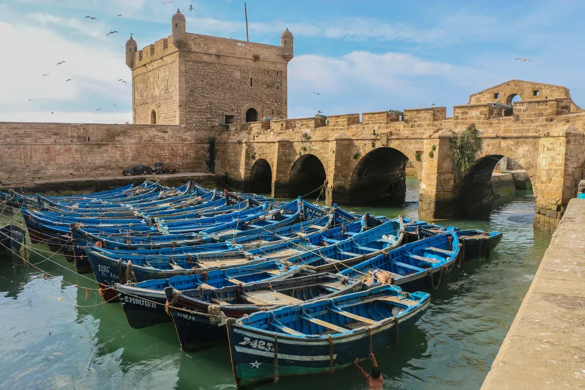 Blue fishing boats below the sea bastion of Essaouira on a Morocco tour package, Essaouira harbour, Morocco