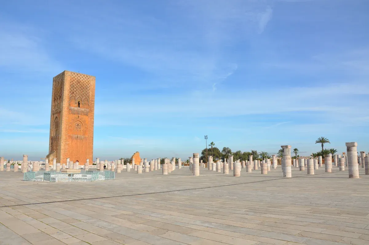 The unfinished Hassan Tower and its stone columns in Rabat on a Morocco tour package, Hassan Tower, Rabat, Morocco